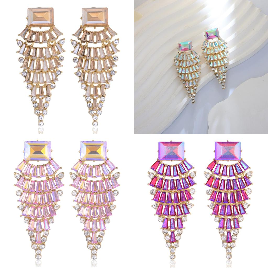 Geometric Alloy Long Earrings For Women With Colorful Rhinestones In Fashion Spring