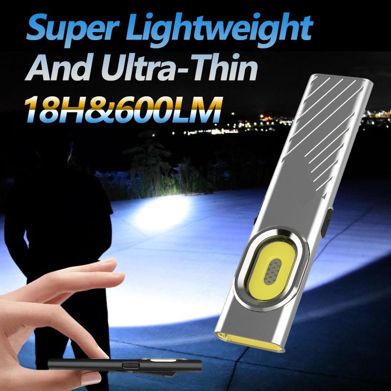 Dual Light Source Magnetic W T7 Ultra-Thin Flashlight | 600 Lumens Strong Light Portable Work Light | Back Clip with Magnetic Bottom