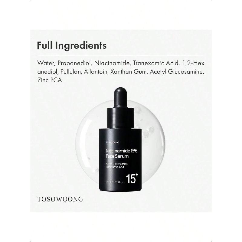 Tosowoong Niacinamid 15% Pleťové sérum 30ml | Vysoká účinnost 150 100 ppm Niacinamid & Kyselina tranexamová Směs, Složení pro korekci tmavých skvrn