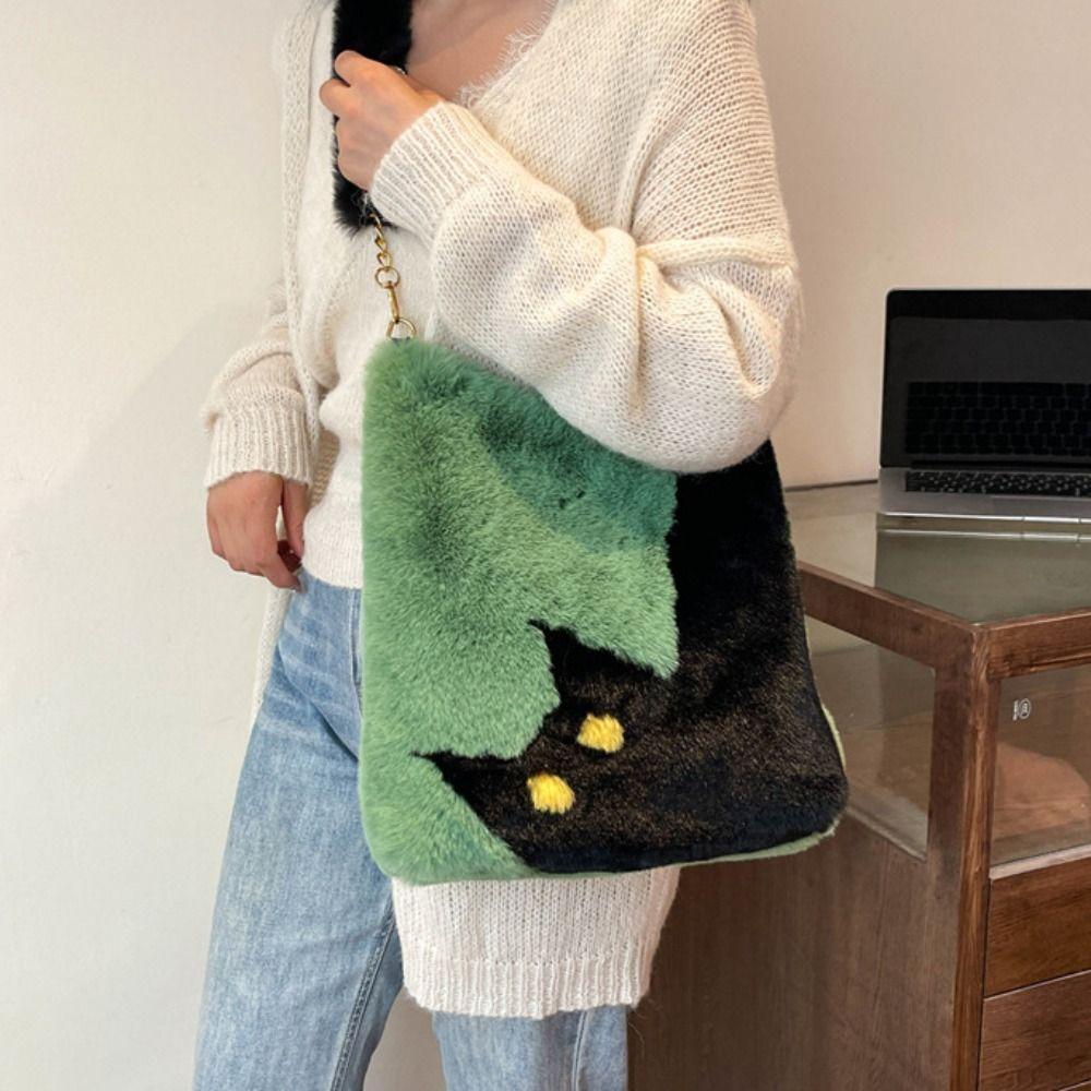 

Korean Style Cat Plush Crossbody Bag Square Handbag Fashionable Winter Fluffy Tote Bag Women рожевий