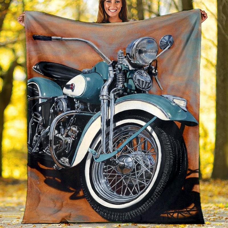 Vintage Motorcycle Sunset Fleece Printed Flannel Blanket, Warm Soft Throw Sofa Bed Blanket