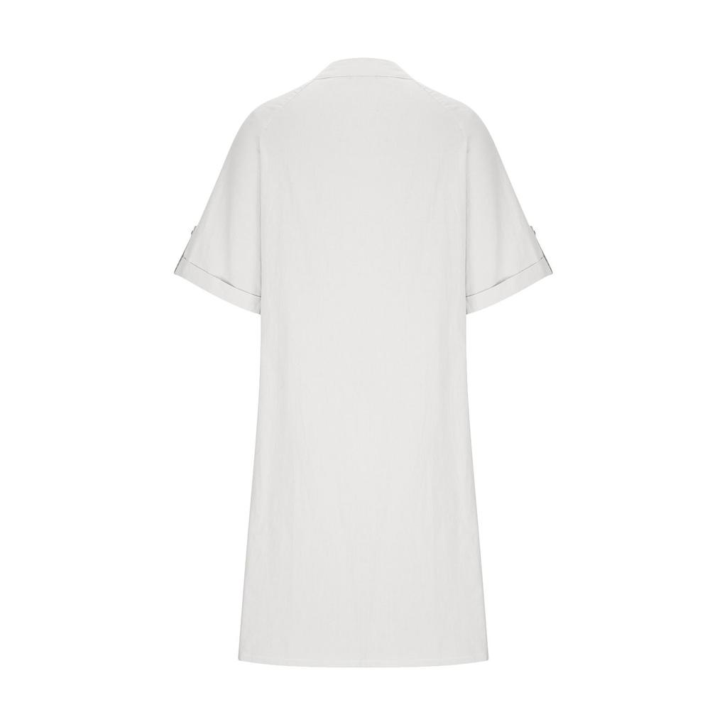 Modischer, mittellanger, einreihiger, lockerer, einfarbiger A-Linien-Rock aus gewaschener Baumwolle mit kurzen Ärmeln und V-Ausschnitt für Damen