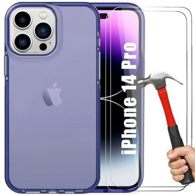 Protective Case - BOOLING - for iPhone 14 Pro - Soft Silicone - 2 Tempered Glasses - Navy Blue