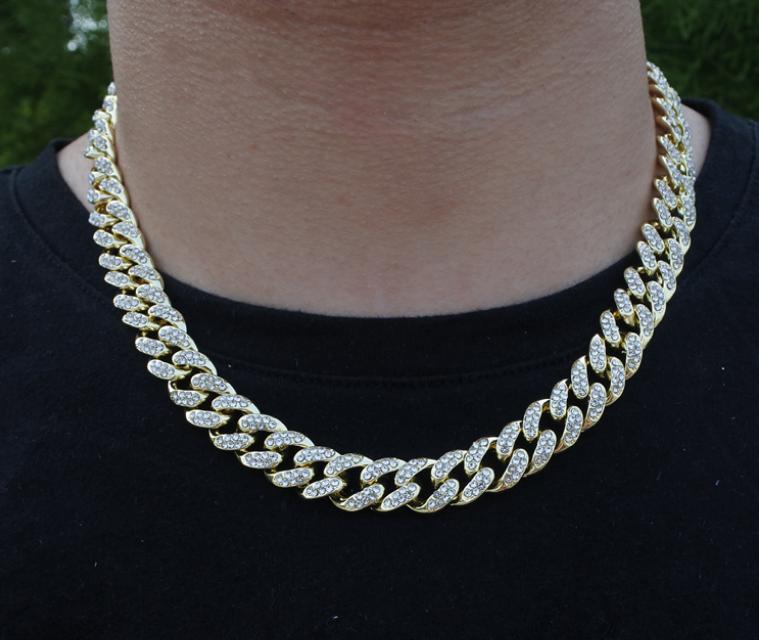 Iced Out Zircon Crystal Hip Hop 14K Gold 13MM Cuban Link Chain Necklace Zinc Alloy Rhodium Plated Unisex