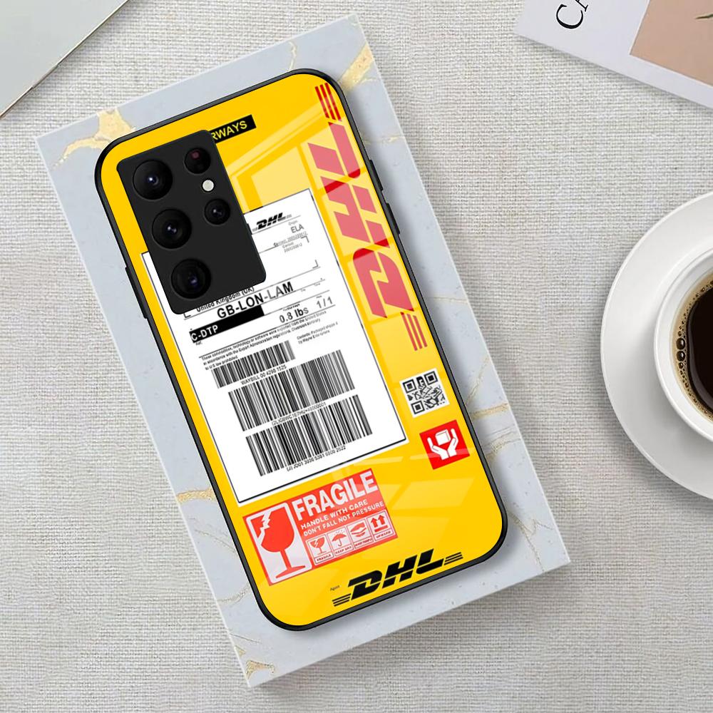 

Fashion INS D-DHL Logo Phone Case For Samsung S26 S25 Edge Ultra 23 22 21 20 Ultra Plus S24 Fe Glass Cover Galaxy S24 Ultra