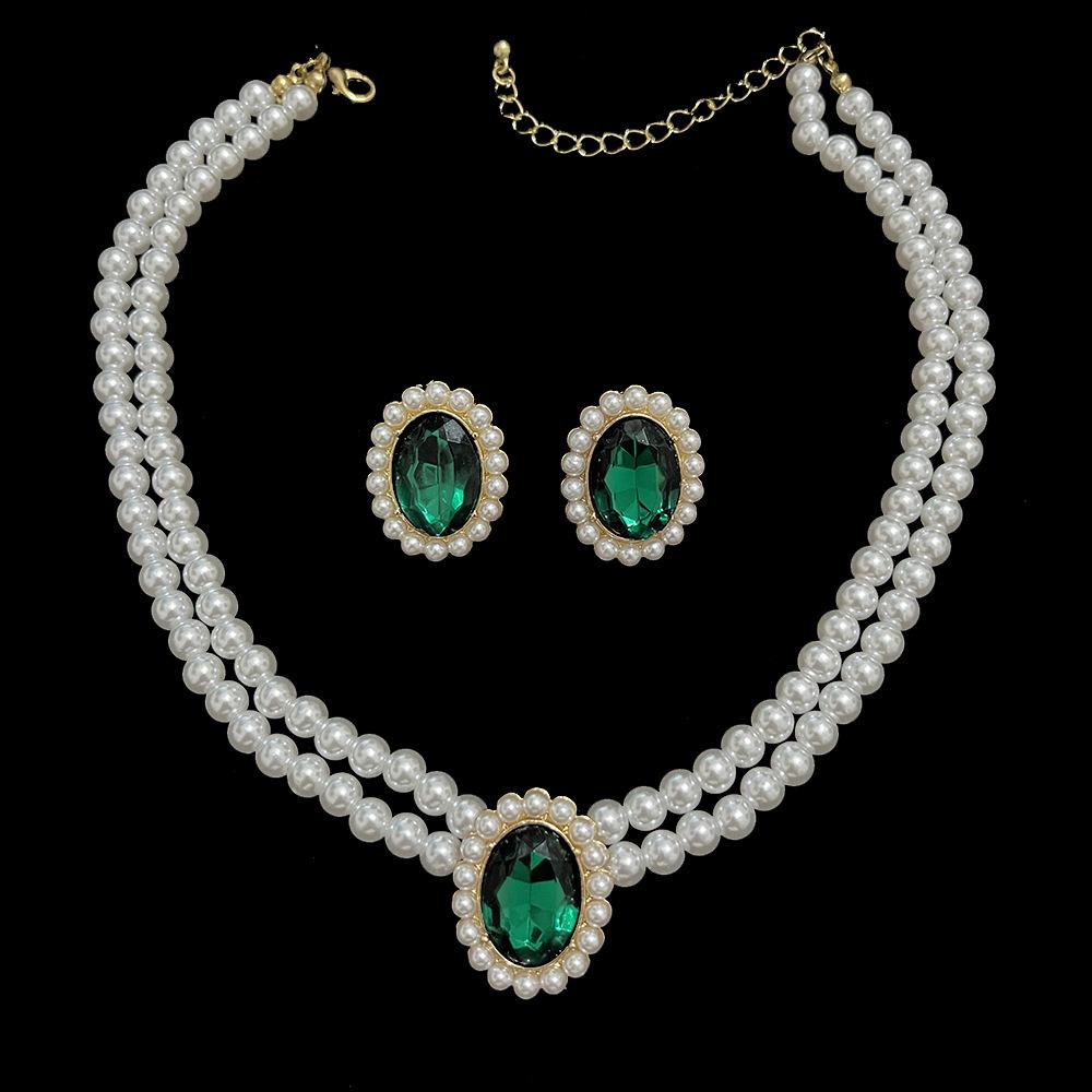 Vintage Imitation Pearl Necklace Earrings Jewelry Set for Women Emerald Crystal Choker Banquet Bridal Wedding Accessories
