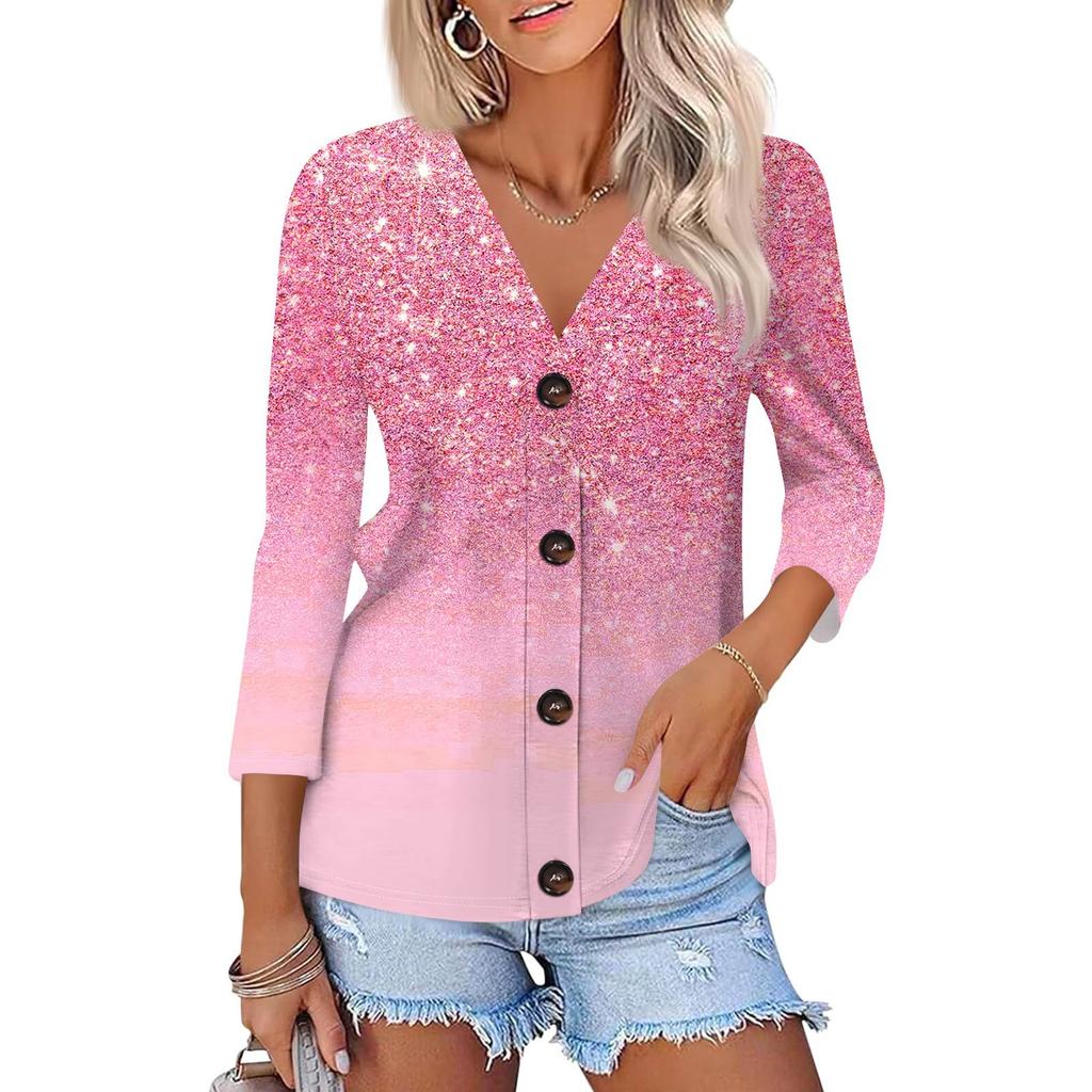 Camisa Feminina Casual Estampada com Botões e Manga 3/4