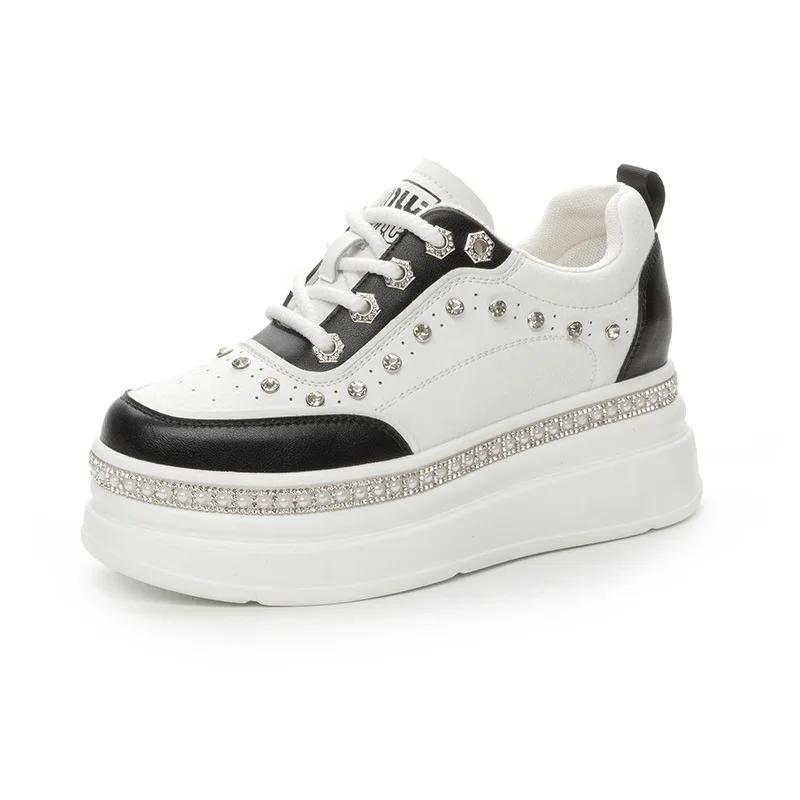 

Модные 7 см Женские Модные Повседневные Блестящие Массивные Кроссовки на Платформе и Танкетке Вулканизированные Осенние Весенние Туфли на Скрытом Каблуке 40 черный белый