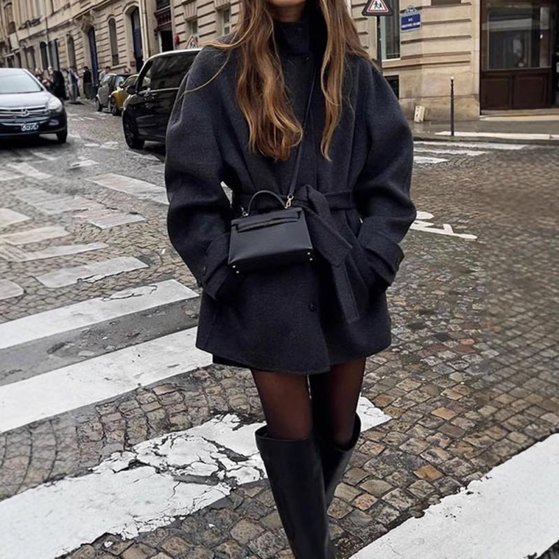 Womens Wool Blend Coat Winter Solid Color Half Turtleneck Belted Outerwear Street Style Regular Fit
