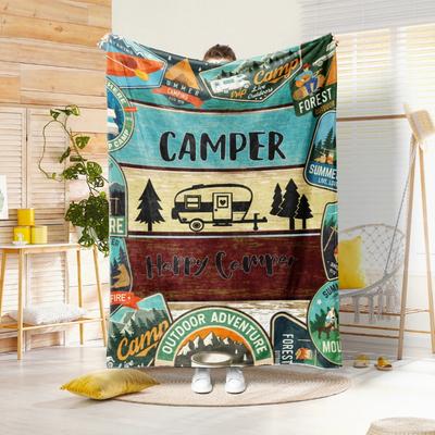 1 Stück Decke mit Aufdruck von Wohnmobilen und Waldmotiven, Geeignet für Sofas, Betten, Büros, Reisen, Campingstühle, Warme Plüschdecke