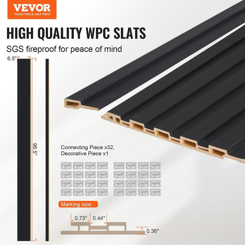 Wood Slat Acoustic Panels 8 PCS 96 X 6 Inch for Modern Wall Matte Black