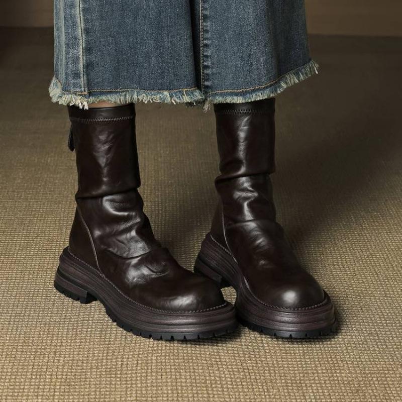 New versatile women's knight boots solid color leather rear zipper rubber platform heel round head autumn and winter mid-tube boots