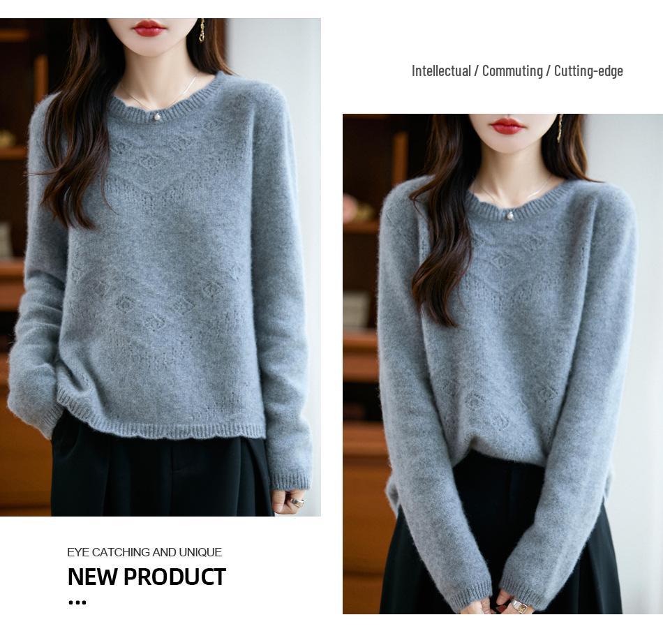 2025 A/W Pure Wool Lace Knitwear - Round Neck, Long Sleeve Crochet Pullover