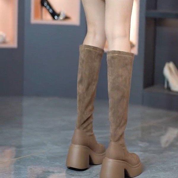 Thick-soled thick-heeled boots women's elastic thin boots 2025 autumn and winter new fashion round head thin high-heeled but knee boots