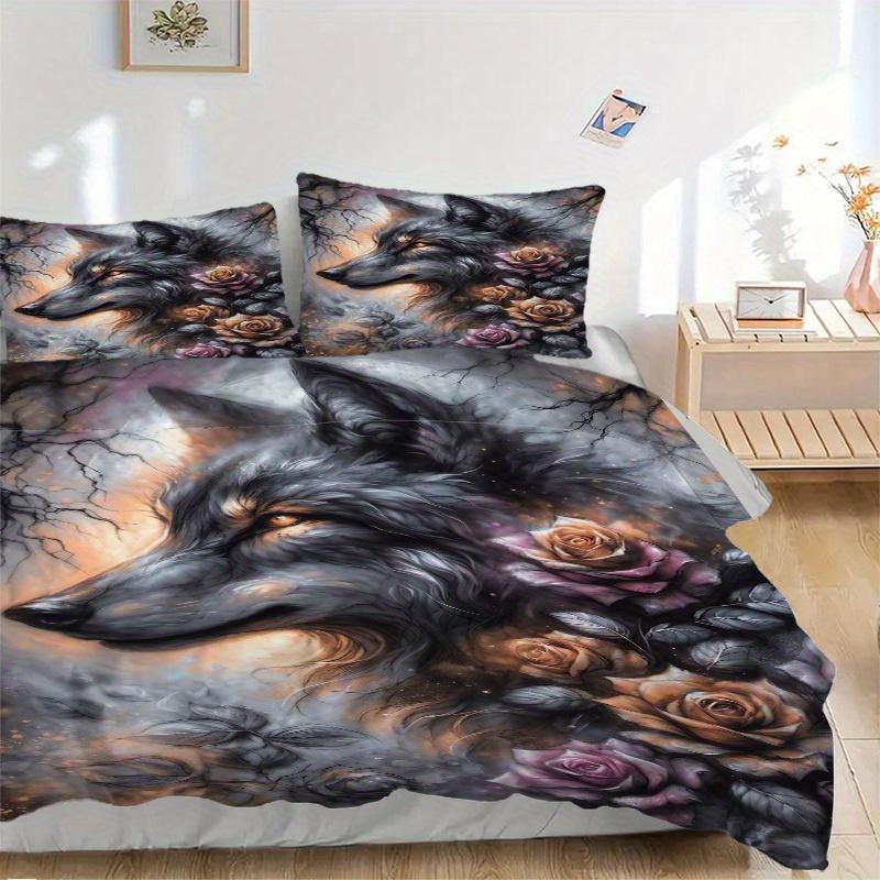 3pcs Wolf Roses Bedding Set Down Comforter Cover and Pillowcases, Suitable for Guest Room Home Decoration All Seasons(No Insert) S0819064
