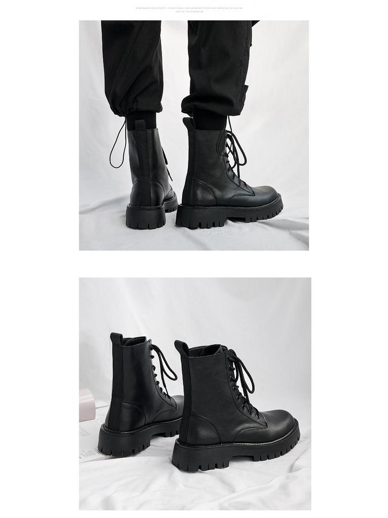 Men's Black British-Style Soft Leather High-Top Martin Boots with Thick Soles for Autumn and Motorcycle Wear.