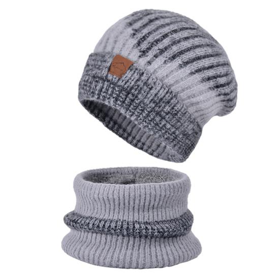Yousheng 2 Pcs/Set Men Winter Hat Neck Warmer Thick Knit Stretchy Contrast Color Ear Protection Keep Warm Daily Wear Dome Cap Outdoor Skiing Skating