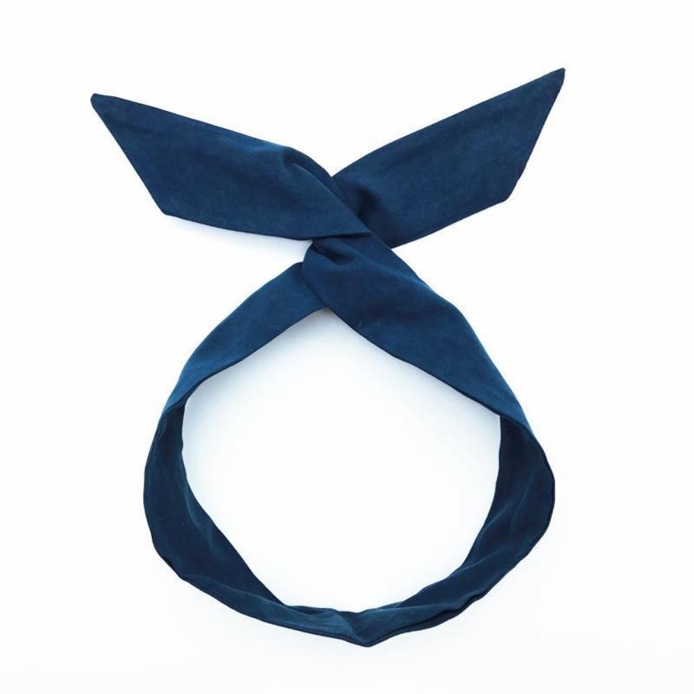

Print Design Bunny Ear Ribbon Solid Color Metal Wire Scarf Hair Ties Cross Bowknot Hairband Women темно-синього кольору
