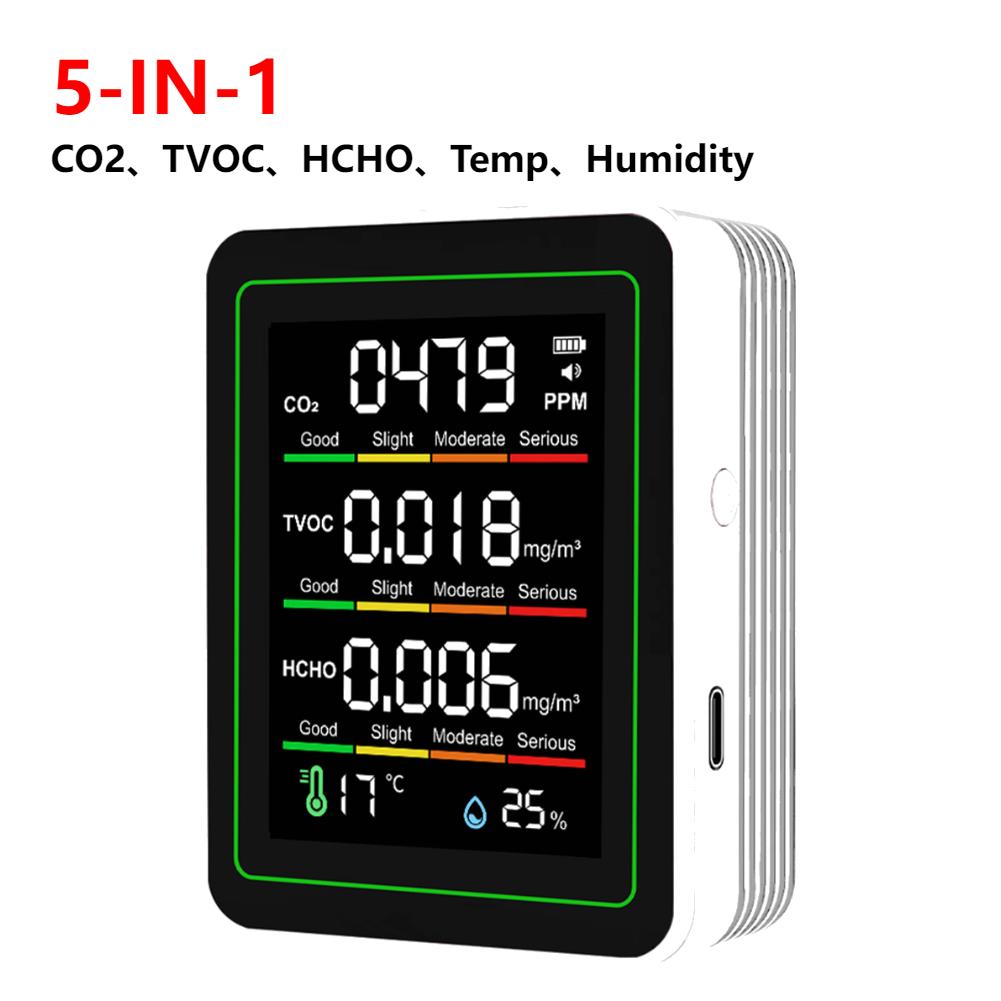 6-in-1 Air Quality Meter Real-Time CO2 Tester HCHO Detector for Home Cars Plants