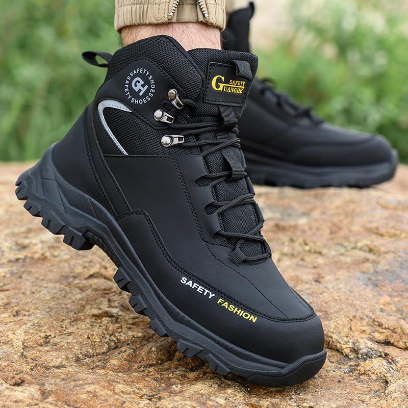Mens Safety Shoes Steel Toe Boots Black Leather Work Shoes Waterproof Work Safety Boots Construction High Top Protective Boots