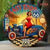 D-Dur Vintage Route Letzte Haltestelle PinUp Girl Runde Blechdose Retro Hot Rod Auto mit Flammen Amerikanische Autobahn Wanddekor