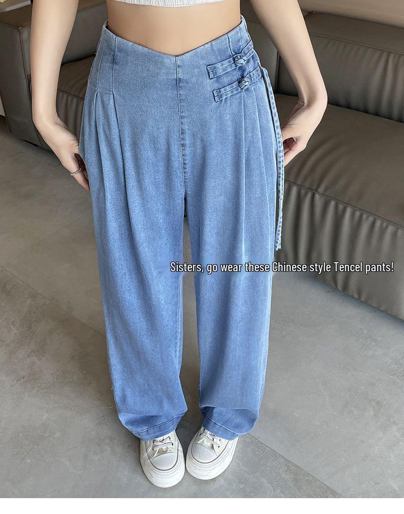 Women's National Style Tencel Button-Up Wide-Leg Jeans - 2026 Summer Slim Straight Casual Pants