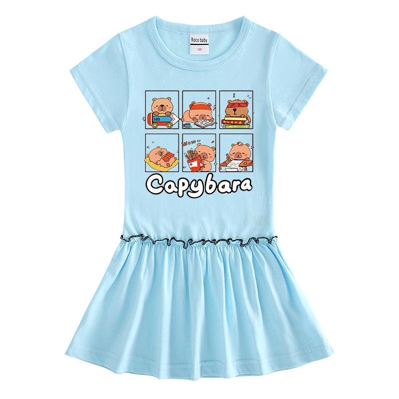 Girls' Summer Cartoon Pleated Ruffle Dress with Raglan Short Sleeves
