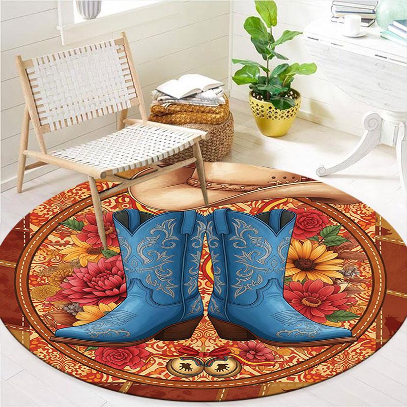 Cowboy Boots Round Area Rug,Carpet Rug for Living Room Bedroom Sofa Playroom Decor,Non Slip Floor Mat