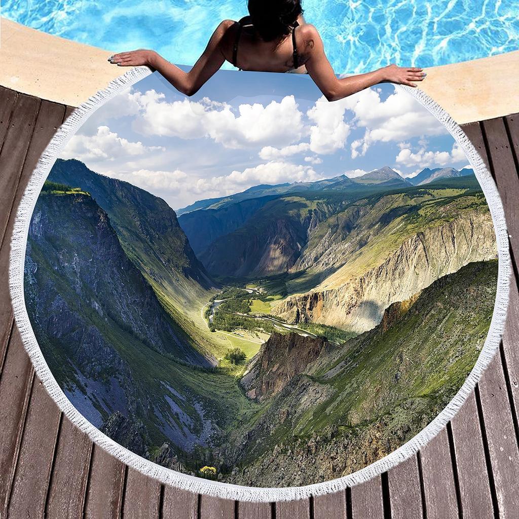 Natural Scenery Round Beach Towel Abstract Mountain Landscape Beach Blanket Sand Free Quick Dry Circle Bath Towel Soft Yoga Mat
