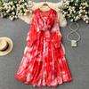 Women French Fashion Single Breasted V Neck Long Dress With Belt Summer Autumn Elegant Print A-line Robe Female Holiday Clothes