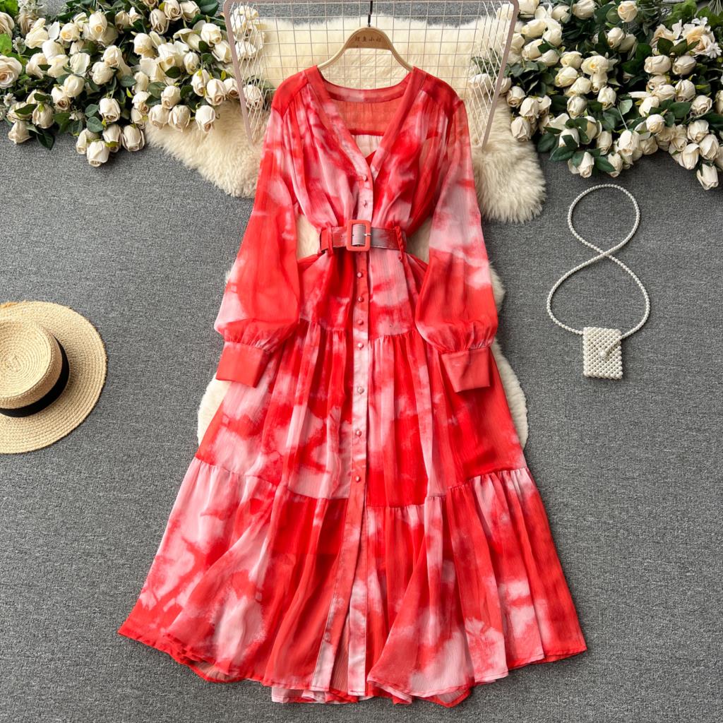 Women French Fashion Single Breasted V Neck Long Dress With Belt Summer Autumn Elegant Print A-line Robe Female Holiday Clothes