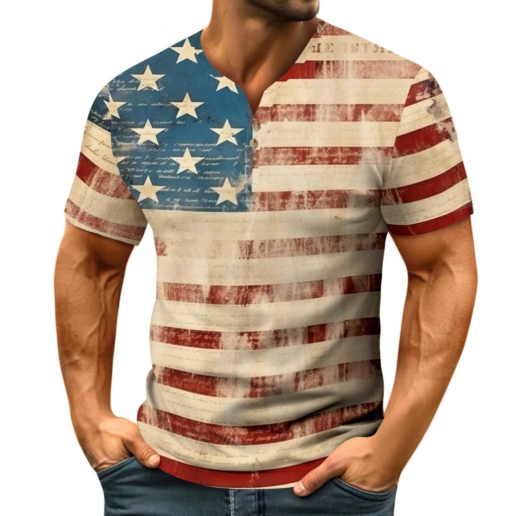 Men's Casual Summer V-neck Short Sleeved Top With Buttons, Independent Day Print Short Sleeved Top