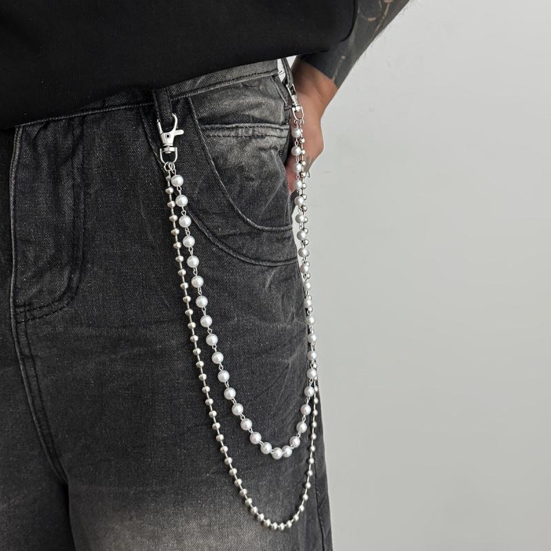 Men Hip Hop Multilayer Imitation Pearl Jeans Pants Keychain Chain Women Trousers Hipster Pant Chains Party Decoration