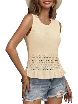 Women's Boho Crochet Crop Tank Top Sleeveless Crew Neck Ruffle Knit Sweater Vest