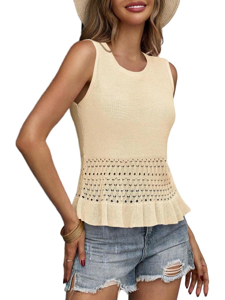 Women's Boho Crochet Crop Tank Top Sleeveless Crew Neck Ruffle Knit Sweater Vest