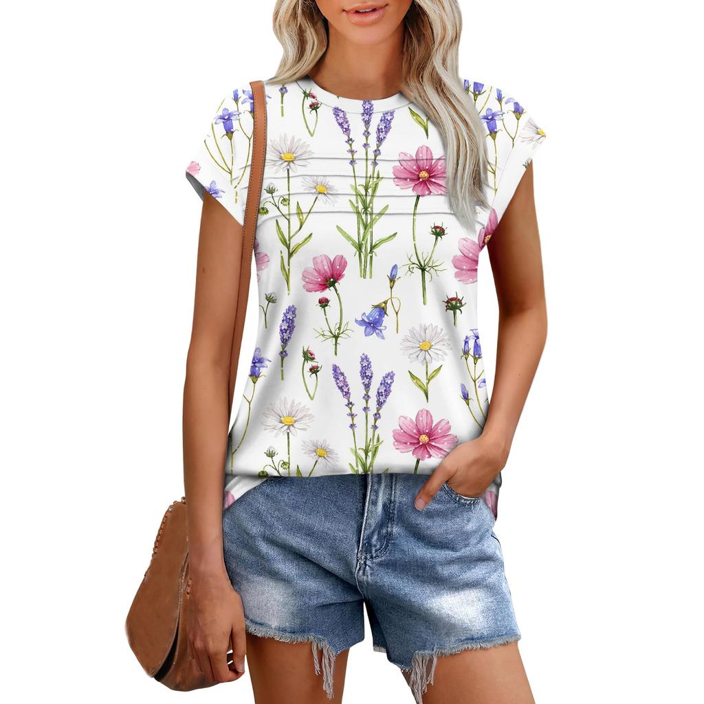 Damenmode Lässig Kurzarm Basic Textur Floral Rundhals T-Shirt Kappenärmel Top