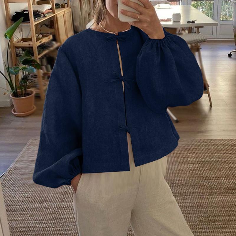 

ZANZEA Women Casual Round Neck Long Sleeve Lace Up Loose Blouse 2XL