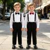 School Boys Suspender Trousers Formal Suit Shirt Bow Tie Kids Wedding Ring Bearer Piano Recital Birthday Photoshoot Gentleman Outfit for Boys 3-12Y