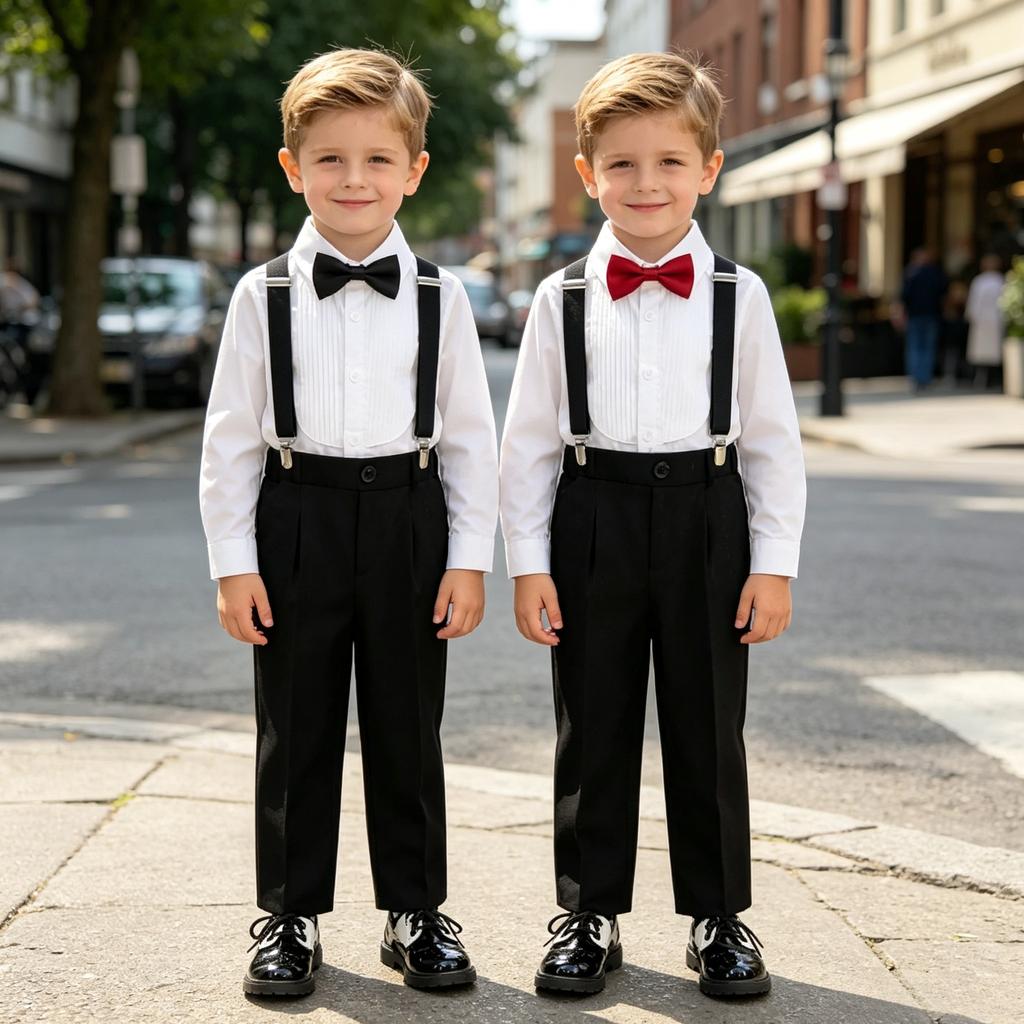 School Boys Suspender Trousers Formal Suit Shirt Bow Tie Kids Wedding Ring Bearer Piano Recital Birthday Photoshoot Gentleman Outfit for Boys 3-12Y