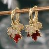 Shine Gold Color Inlaid Cubic Zirconia Copper Dangle Women's Earrings Hand Carved Maple Leaf Earrings Woman Fashion Zircon