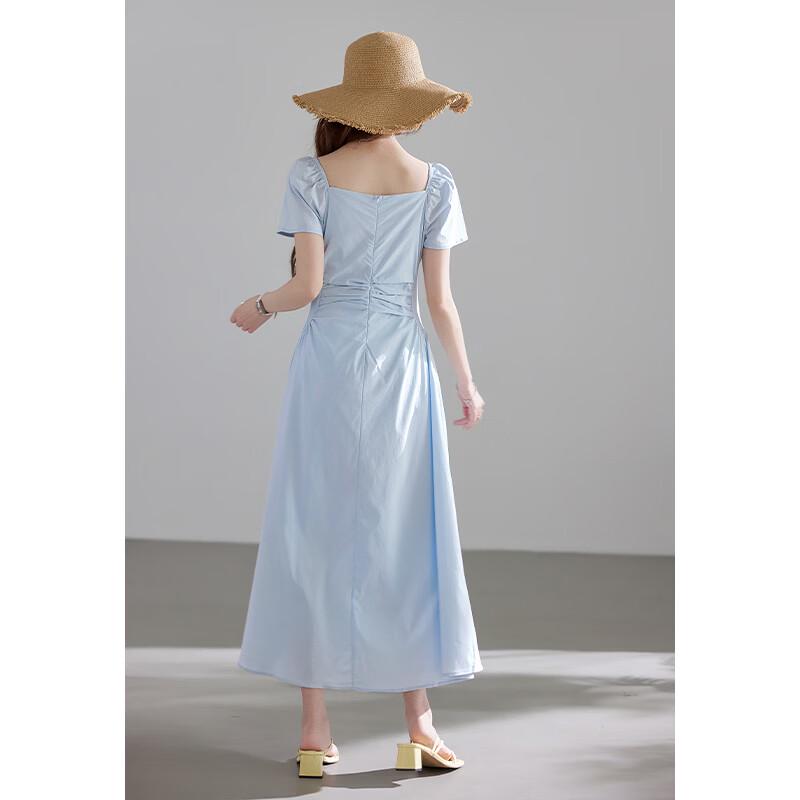 VICTORIA&VERA Gentle Mist Blue French Square Neck Pleated Dress
