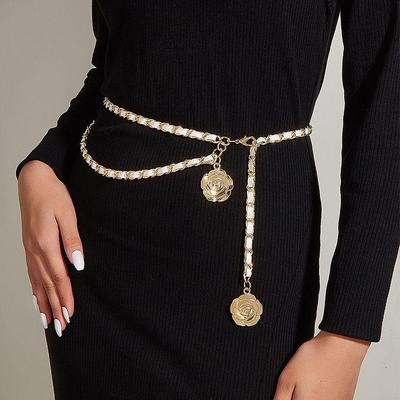 Corrente de Cintura de Metal Ajustável Feminina com Três Camélias - Elegante Acessório de Moda de Alta Qualidade