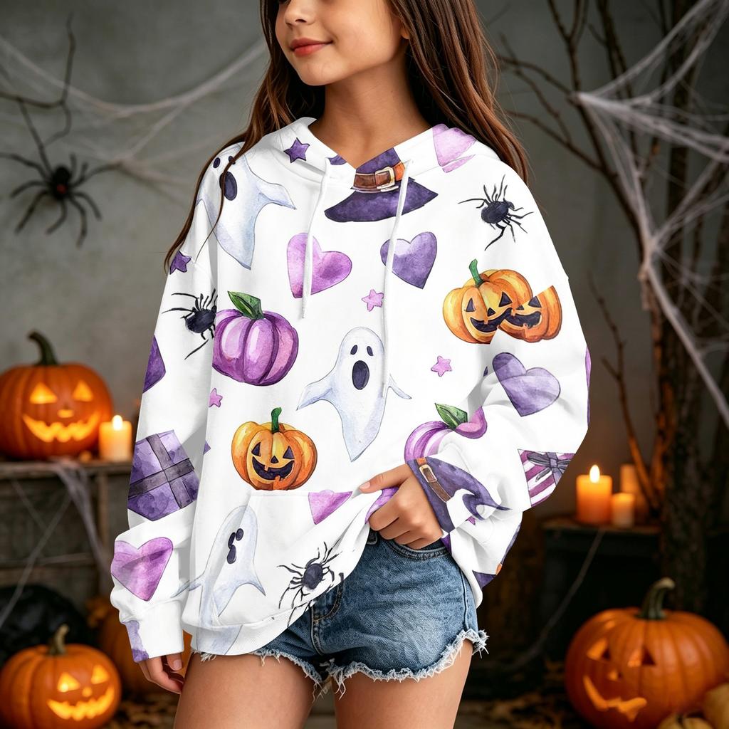 Kids Casual Hooded Sweatshirt with Halloween Print Pullover for Daily Wear