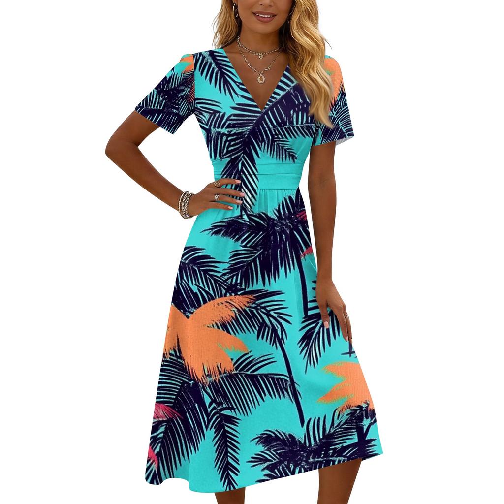 Womens Short Sleeve V Neck Midi Dress with Tropical Leaf Print Casual A Line Summer Dress for Daily Wear
