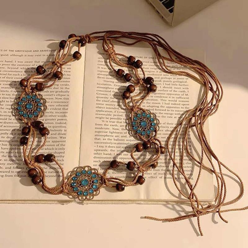 Bohemian Style Butterfly Blue Water Diamond Waist Woven Handmade Wooden Bead Belts Y2K Retro Belt Waist Chain Accessory Skirt