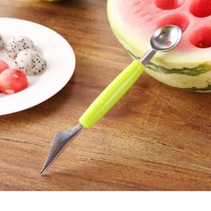 Tragbare Küchenwerkzeuge Doppelfunktion Edelstahl Obst Wassermelonenausstecher Tranchiermesser Obstschneider Eisportionierer