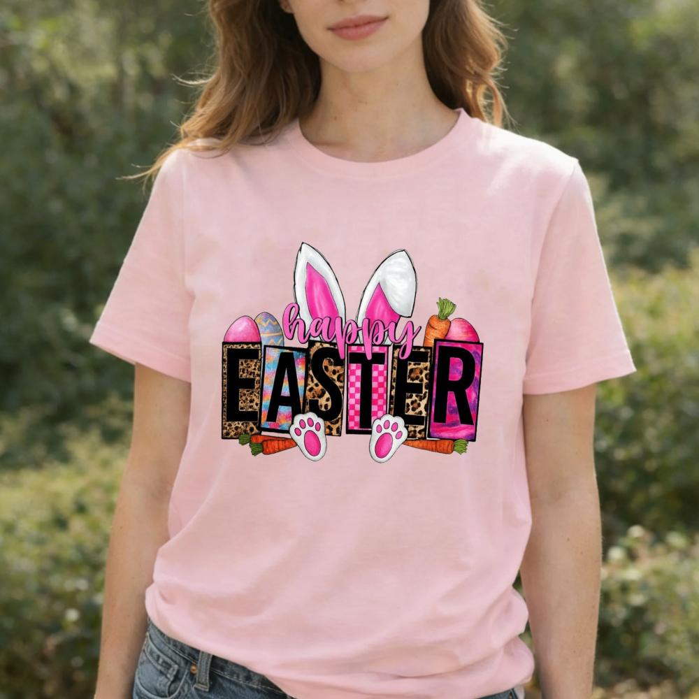 Pastel Happy Easter Tshirt Leopard Tie Dye Lettering With Bunny Ears Paws Carrots Graphic Breathable Cotton Casual Streetwear