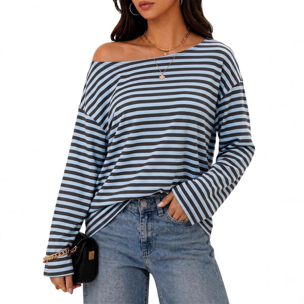 Top a Righe da Donna a Spalle Scoperte con Maniche Lunghe, Felpa Casual Larga a Blocchi di Colore