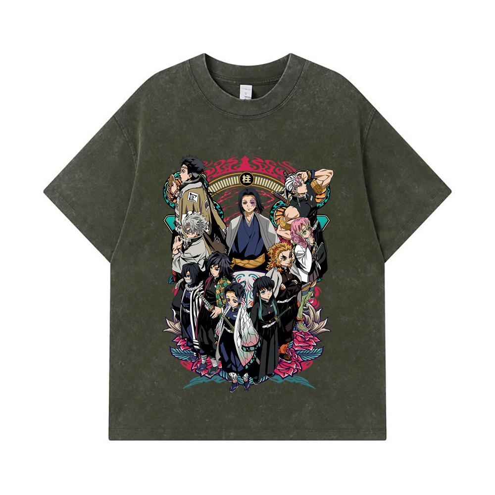

275 GSM Washed T-shirts 100% Cotton Demon Slayer V62 Hashiras Print Unisex Heavy Cotton T Shirt S армия зеленый