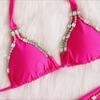 2022 Rhinestone Metal Women's Bikini - Sexy Two-Piece Solid Color Tie-Up Swimsuit for Resort Wear.